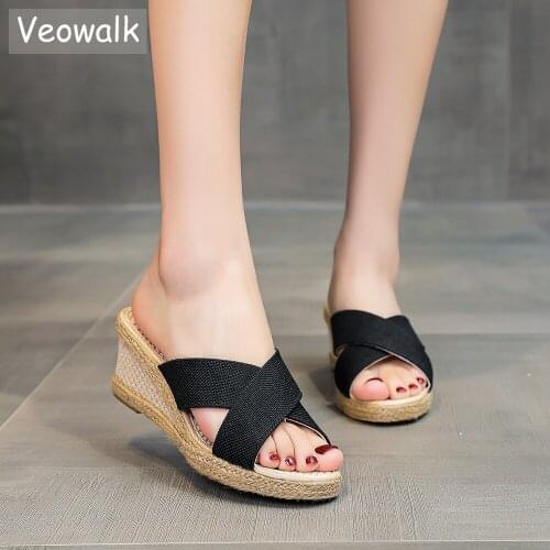 Veowalk Summer Bohemian Women Linen Open Toe Wedge Slides Handmade Ladies Casual 6cm Heel Platform Slippers Espadrilles Shoes