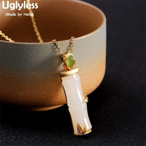 Uglyless Handmade Bamboo Jade Necklaces NO Chains Pandas Favorite Bamboo Leaves Pendants for Women Gold 925 Silver Jasper Jewel