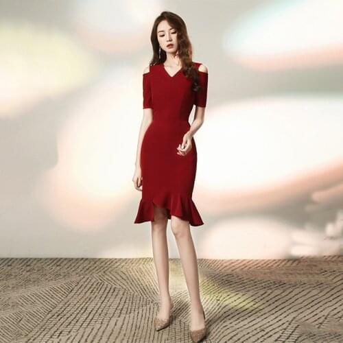 Special Occasion Dresses Vintage V-Neck Short Luxury Burgundy Off The Shoulder A-Line Knee-Length Elegant Women Prom Gown E978