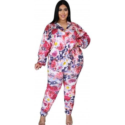 4XL Plus Size Two Piece Women Set Pant Suit And Full Sleeve Shirt Tops Outfits Fashion New Floral Print Oversize Lounge Wear Set