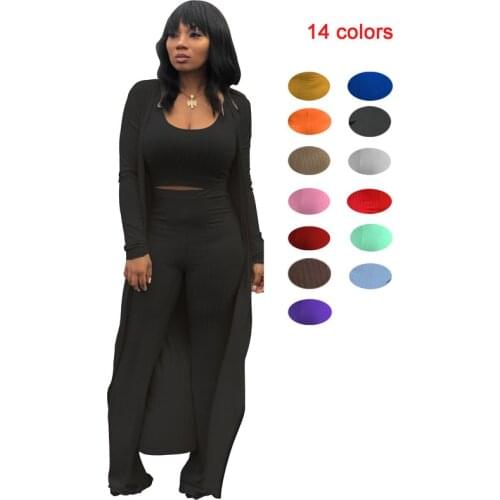 Autumn Summer Women 3 Piece Set Matching Suit Casual High Elastic Crop Top and Wide Leg Pants and Long Cardigan Womens Suits