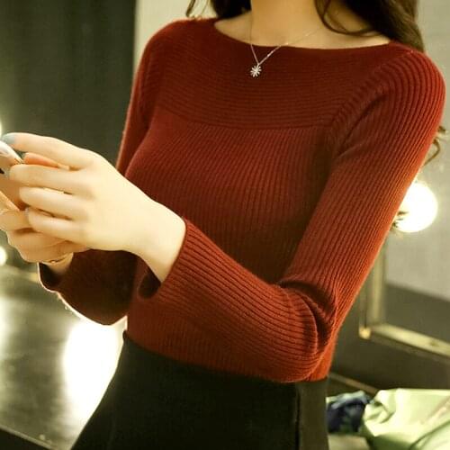 2021 Autumn Winter New Korean Women Knit Sweater Casual Long Sleeve Shirt Slim One-neck Female Elasticity Thread Tight Pullover
