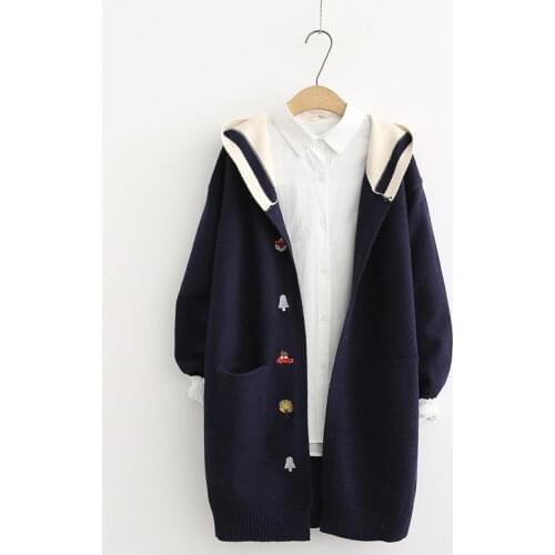 Women Sweater Mori Girl Pockets Embroidery Knit Hooded Cardigan 2019 Autumn Winter Single Breasted Women Sweaters YoYiKamomo