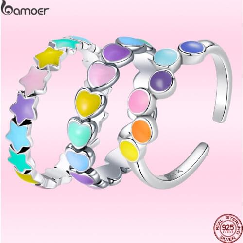Bamoer 2021 Fashion Rainbow Heart-Shape Silver Ring for Women Real 925 Sterling Silver Ring Summer Trendy Jewelry Size5-9 GXR444