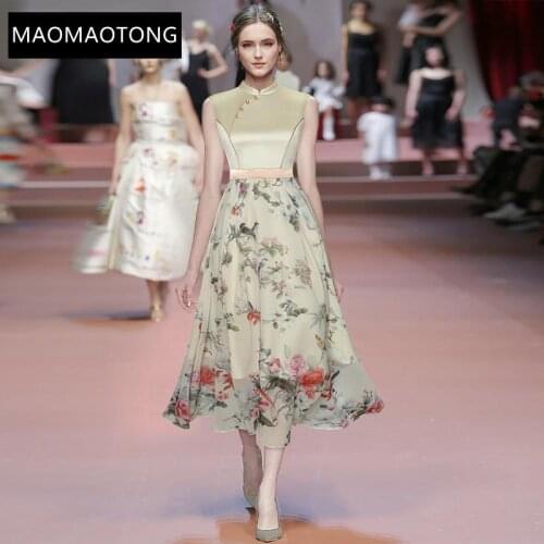 Fashion Designer Summer Chiffon Dress Womens Stand-up Collar Sleeveless Floral Print Vintage Party Midi Dress Vestidos