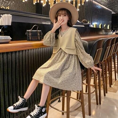 2021 Girls Clothes Sets Boutique Kids Clothing Set Autumn Children Floral Print Dress and Vest 2 Pieces Suit 6 8 10 12 14 16 Yrs