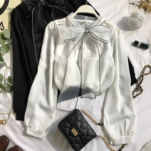 2021 New Spring Autumn New Elegant Lace Up Bow Blouse Women Lantern Long Sleeve Solid Chiffon Shirt Slim Fit Blusas 47027