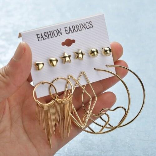 6pairs/set Trendy Street Round Circle Geometric Heart Star Stud Earrings for Women Fashion Gold Color Tassel Pendant Earrings