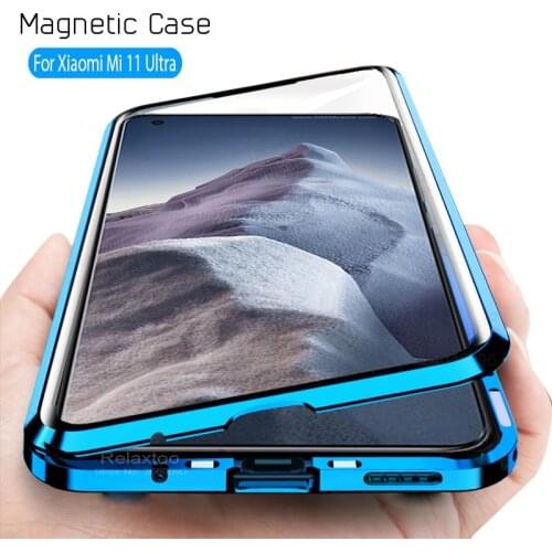 Mi11ultra case 360° double-sided tempered glass metal bumperd magnetic flip case for xiaomi mi 11 ultra mi 11ultra coque fundas