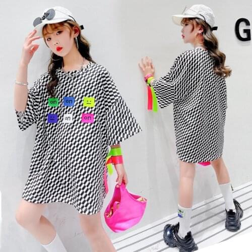 Teen Girls Boys T Shirt Summer Kids Long T-Shirt Undershirt Plaid Printed Cotton Tees Top for Children Clothes 10 12 13 14Years