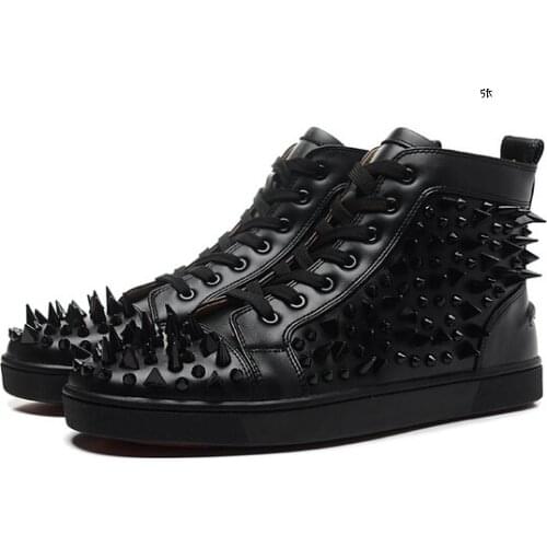 Top Grade Men Black White Red Leather Spike Shoes Lace Up Sneaker Sharp Rivet Studded Sapatos High Top Fashion Men Casual Shoes
