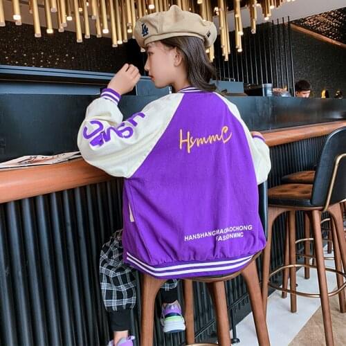 New Spring Fall Girls Jacket Letter Print Outerwear Kids Casual Baseball Uniform Teenage Contrast Color Stitching Sport Outwear