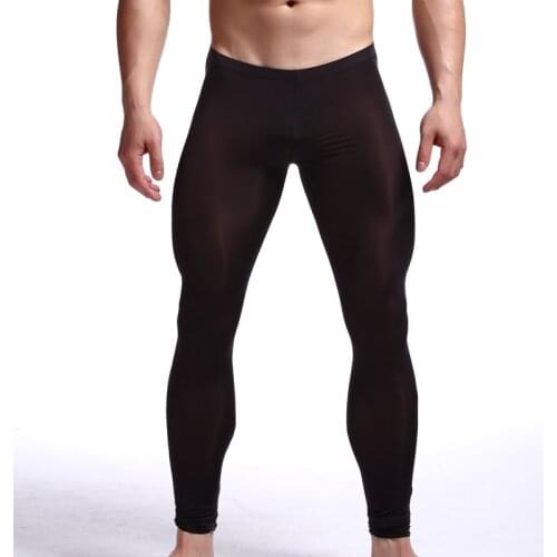 Mens Ultra-thin High Elasticity Leggings Slim Silk Pants Semitransparent Home Furnishing Long Johns U Pouch Bag Sexy