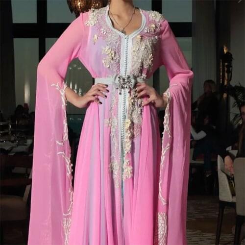 Sweet Pink Beads Lace Embroidered Moroccan Kaftan Dubai Evening Dress Long Sleeves Muslim Saudi Arabia Formal Prom Gown Custom