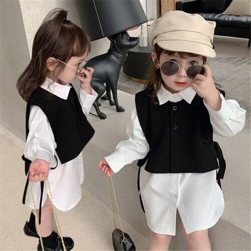 Fashion Loose Little Girls Long Sleeve Dresses Cute White Long Tops Shirt +Vest Two Piece Set Blouse Autumn Children Costume