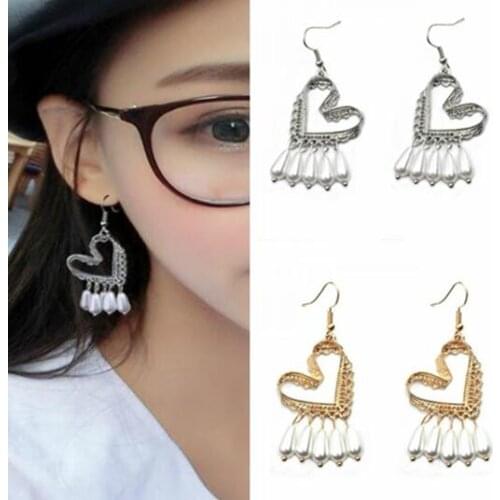 Ex870 Fashion Vintage simple Alloy Hollow heart Tassel imitation pearl earrings 2021 trend Womens Jewelry Accessories