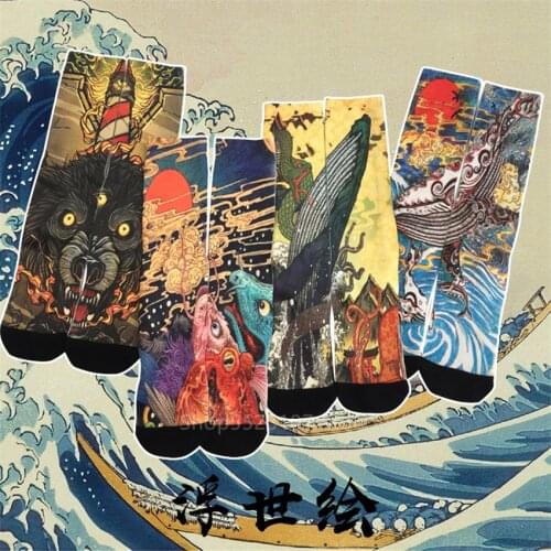 Fashion Ukiyo-e Men Samurai Costume Retro Socks 24Color Women Whale Wave Print Harajuku Fashion Ankle Woman Sock Geta Tube Funny