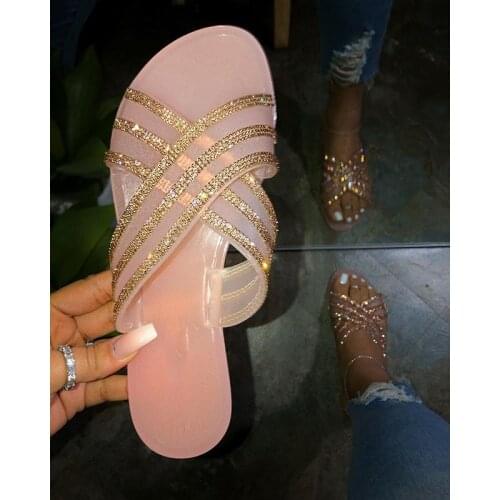 New summer 2020 flat bottom womens slippers Fashion sexy roman rhinestones wild outdoor plus size female beach slippers 37-42