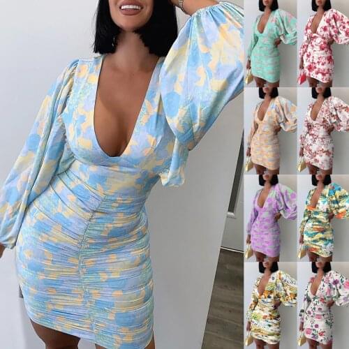 High-waisted Package Hip Wrap Dress Pretty Cute Summer Dress V Neck Sexy For Women Print Lantern Long-sleeved