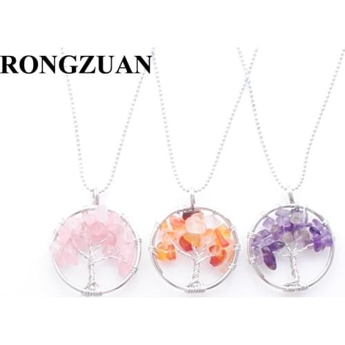 10Pcs Tree of Life Pendants & Necklace Girls Women Jewelry Gift Wire Wrapped Natural Chips Stone Charm With Chain 45cm TBN389