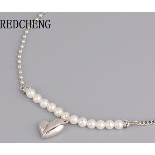 REDCHENG 925 Sterling Silver Pearl Necklaces for Women INS Fashion Charm Exquisite Smooth LOVE Heart Engagement Jewelry Gifts