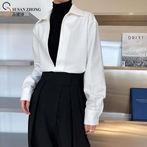 Women Shirts Female Blouse Ladies Top 2021 Spring Elegant Office Loose Straight Turn-Down Collar V-Neck Button Cuff Drop Shouler