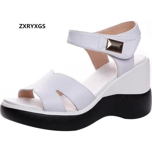 2021 New Summer Genuine Leather Open Shoes Woman Sandals Platform Heighten Shoes Wedges High Heel Sandals Simple Casual Sandals