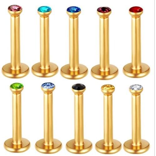 SaYao 1.2x8x2mm 16G Gold Titanium Anodized Internally Threaded Prong Colorful Gem Labret lip piercing labret ring Tragus Earring
