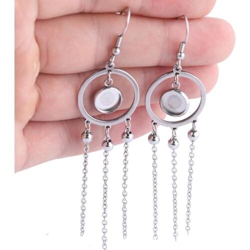 6pcs stainless steel circle dangle earring base blanks 8mm dia cabochon bezel setting trays with bead tassel charms diy findings