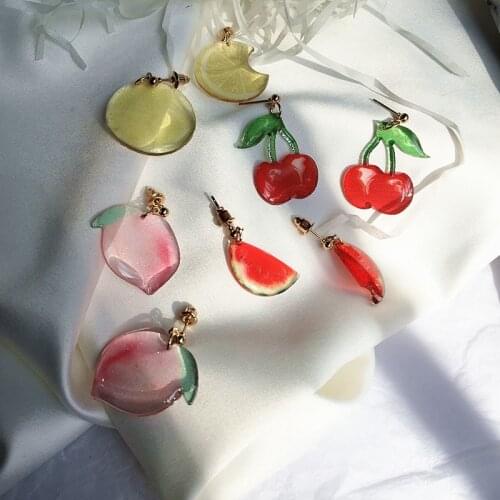 Cute Handmade Transparent Fruit Drop Earrings Watermelon Cherry Peach Lemon Summer Holiday Earrings Unique Party Jewelry gifts