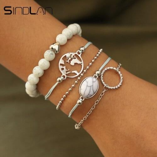 Sindlan 5PCs White Natural Stone Beads Bracelets for Women Vintage Silver-Color Map Bohemian Female Wrist Jewelry Set Pulsera