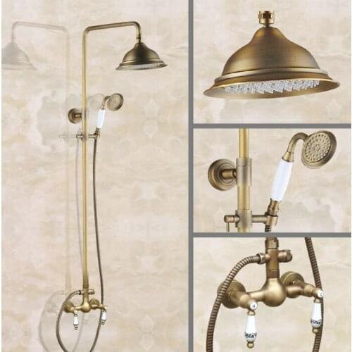 Retro Antique Brass Wall Mounted 8 Inch Rain Bathroom Rainfall Shower Faucet Set Double Handle Hand Spray Head Mixer Tap 2an106