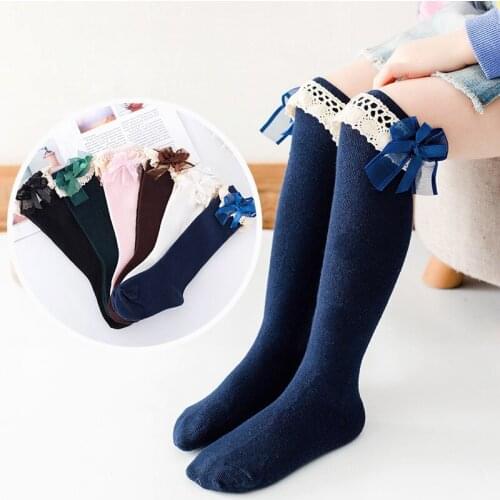 YZ-S-HXH-0014 New lace bowtie girls' cotton socks princess girls' pure color medium tube cotton socks childrens socks for 2021