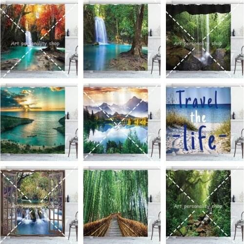 Travel The Life Waterfall Shower Curtain - Forest and Waterfall Autumn Fall Seasonal Forest Print Bathroom Decor Set with Hooks