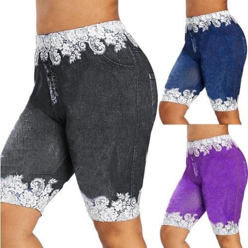 80% Hot Sales Women Fashion Lace Patchwork High Waist Leggings Denim Shorts Sports Minipants