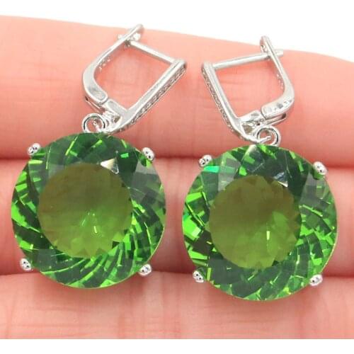 35x20mm SheCrown Hot Sell Big Round Jewelry Set Created Green Tsavorite Garnet For Womans Daily Wear Silver Pendant Earrings