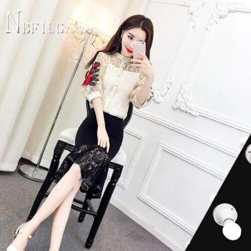 2020 Autumn New Embroidery Flower Women Sets Lace Blouse And Mermaid Skirt Female Sets