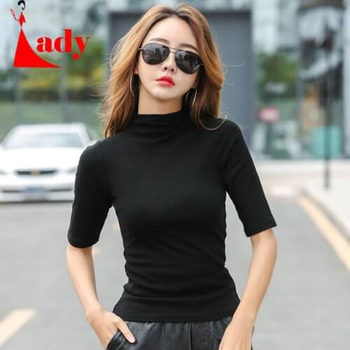 2021 Brand Womens Half High Collar T-Shirt Mid-sleeved T Shirt For Female Woman Clothing New Thin Tops Womens T-shirts