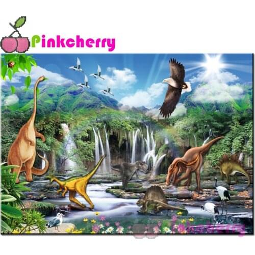 5D diy Diamond Embroidery Dinosaur Waterfalls Forest Full Square round Diamond Mosaic Rhinestones Art Painting Cross Stitch k587