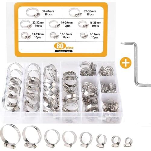 80 pcs Adjustable Hose Clamps Stainless Steel Drive Dose Clamps Fuel Line Worm Wheel Size Classification Kit with Z-type wrench