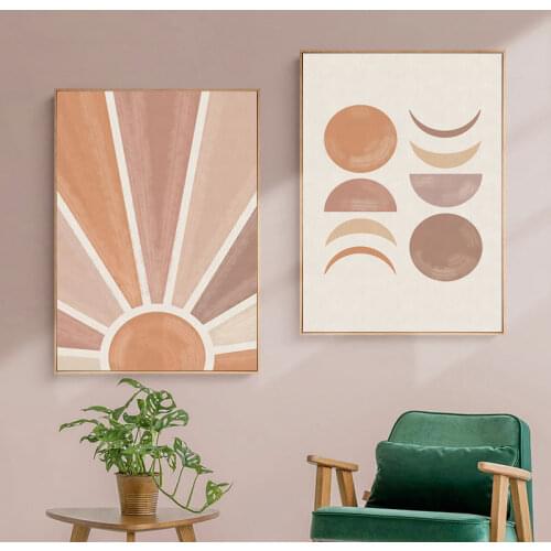 Abstract Landscape Painting Sun And Moon Scene Canvas Prints Boho Poster Wall Art Pictures For Living Room Mid Century Decor