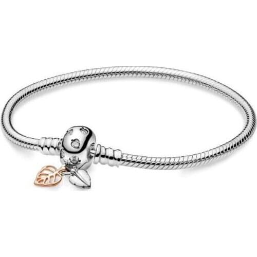 925 Sterling Silver pan Bracelet Moments Leaves & Snake Chain Bracelet Fit Women Bead Charm Diy Fashion Jewelry