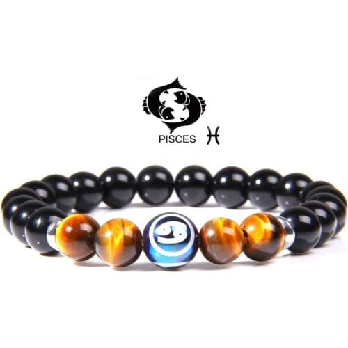 Pisces Charm Bracelets For Women Men 12 Constellation Zodiac Bracelet Natural Stone Tiger Eye Ethinc Meditation Birthday Gift