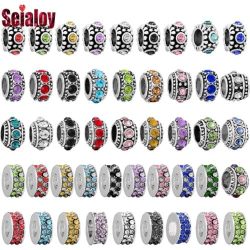 Seialoy 9 Color Round Big Hole Beads Beaded Silver Color Rhinestone Partition Beads Fit Diy Bracelets Jewelry Making Accessories