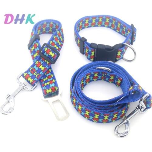 DHK 1'' 25mm Dog Collar Seat Belt Leash Autism Block Personalized Adjustable High Quality Ribbons Pet Collars C1955