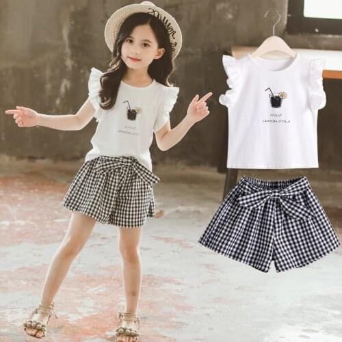 Boutique kids clothing Girls' Plaid Shorts Childrens Printed Flying Sleeve T-Shirt Set baby girl clothes toddler girl clothes