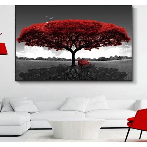 Nordic Decor Red Romantic Tree Wall Art On Canvas Painting Poster And Prints Landscape Park No Frame Picture For Living Room