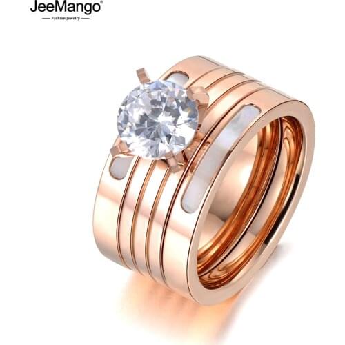 JeeMango CZ Crystal 3 In 1 Rose Gold Color Wedding Rings Jewelry Stainless Steel Rhinestone Engagement Anniversary Gift JR18053