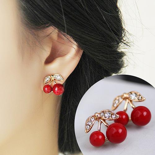 Hot Fashion Red Cherry Gold Drop Earring Sweet Fruit Long Crystal Earrings for Women Lady Gift Jewelry Tassel Dangle Accessories