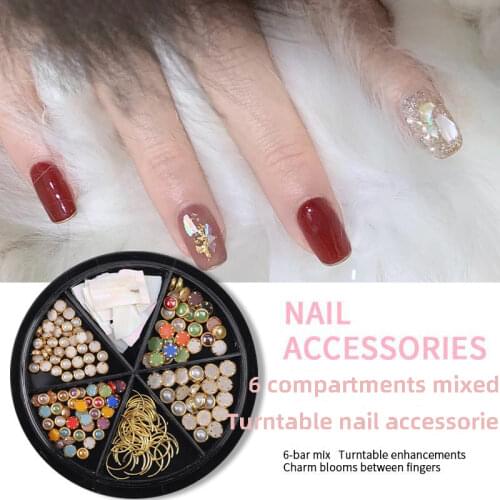 LEAMX1 Box of 6 Kinds of Japanese Metal Rivets Diamonds Rhinestones Pearls Three-dimensional Mixed Full Set of Nail Accessories